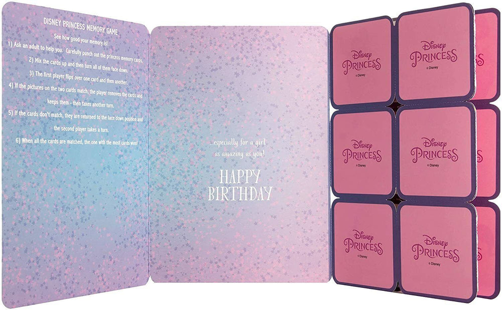 Hallmark Disney Princess birthday card featuring a memory game activity with colorful princess illustrations and playful design.