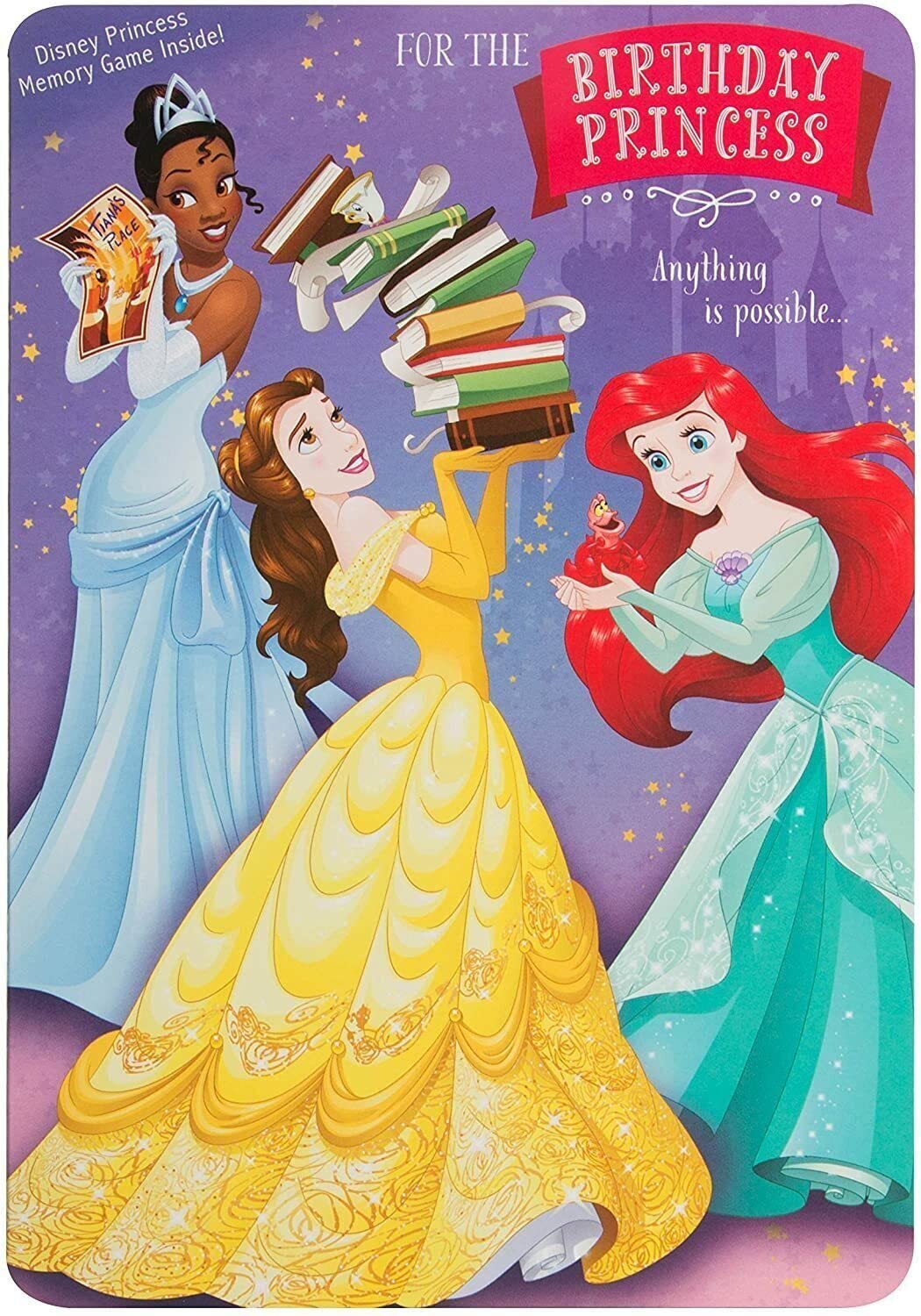 Hallmark Disney Princess birthday card with memory game featuring colorful princess images and playful design.
