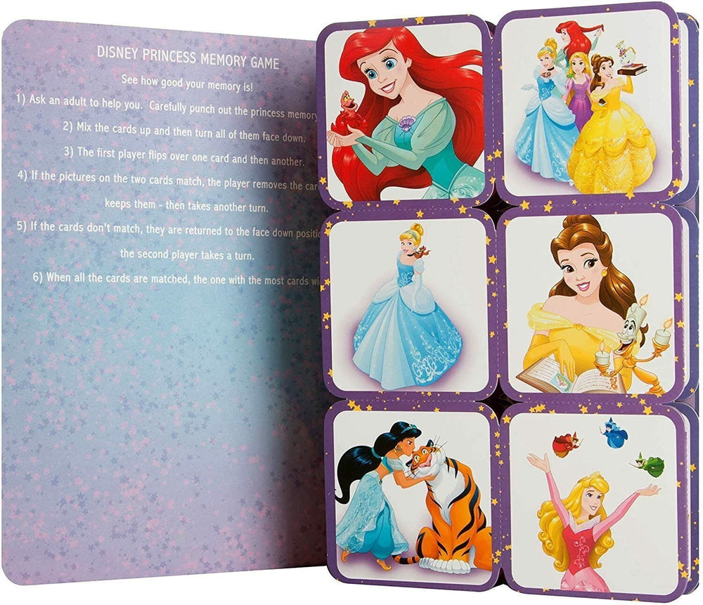 Hallmark Disney Princess birthday card featuring a memory game with colorful princess images and playful design.