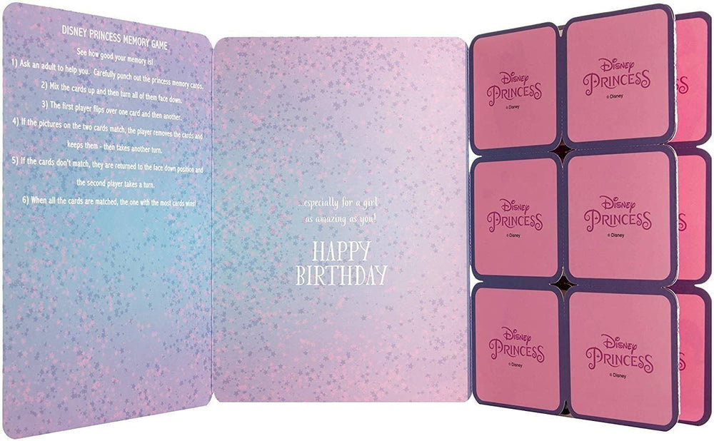 Hallmark Disney Princess birthday card with memory game featuring colorful princess illustrations and festive design.