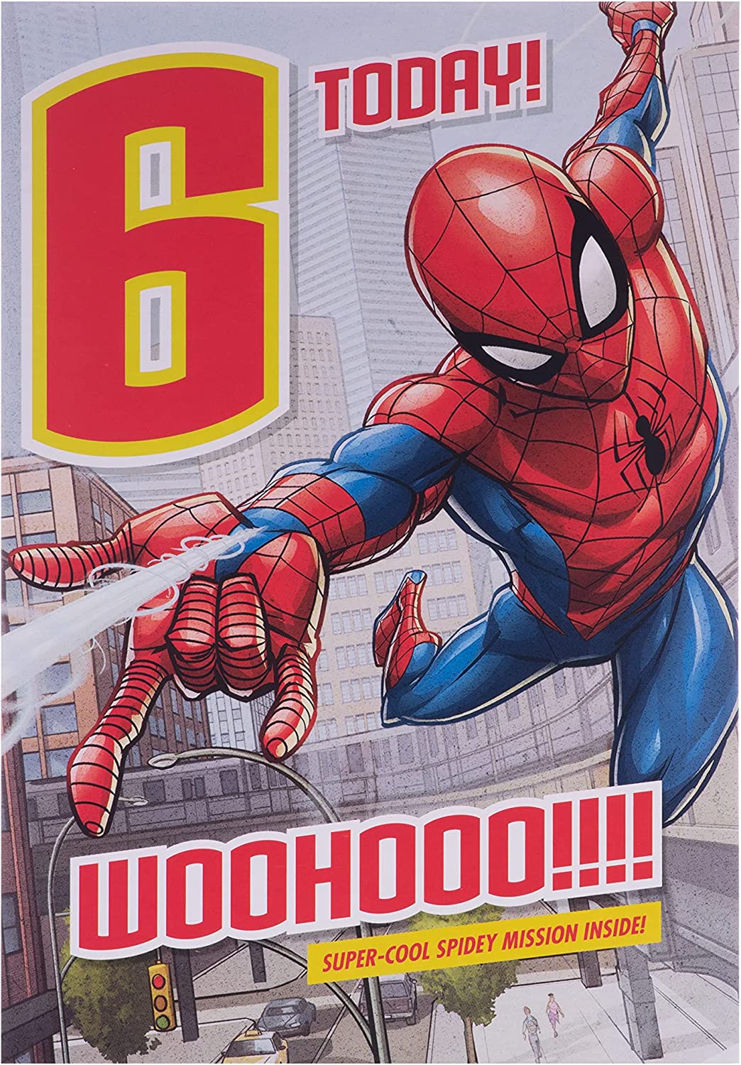 Hallmark Marvel Spider-Man 6th birthday greeting card featuring Spider-Man in action for a young fan.