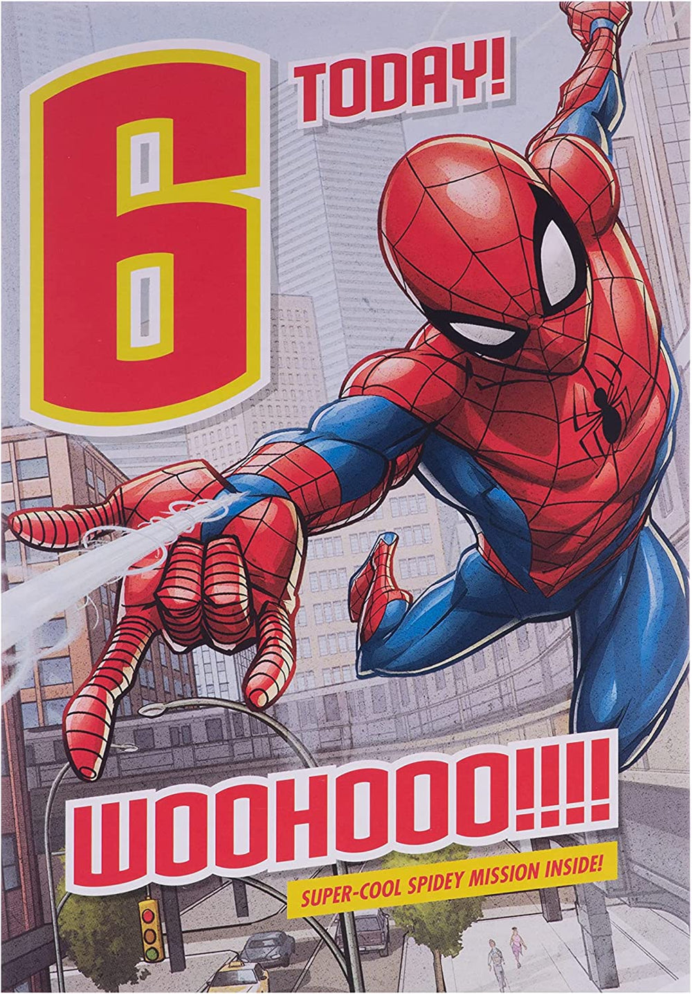 Hallmark Marvel Spider-Man 6th birthday greeting card featuring Spider-Man in action for a young fan.