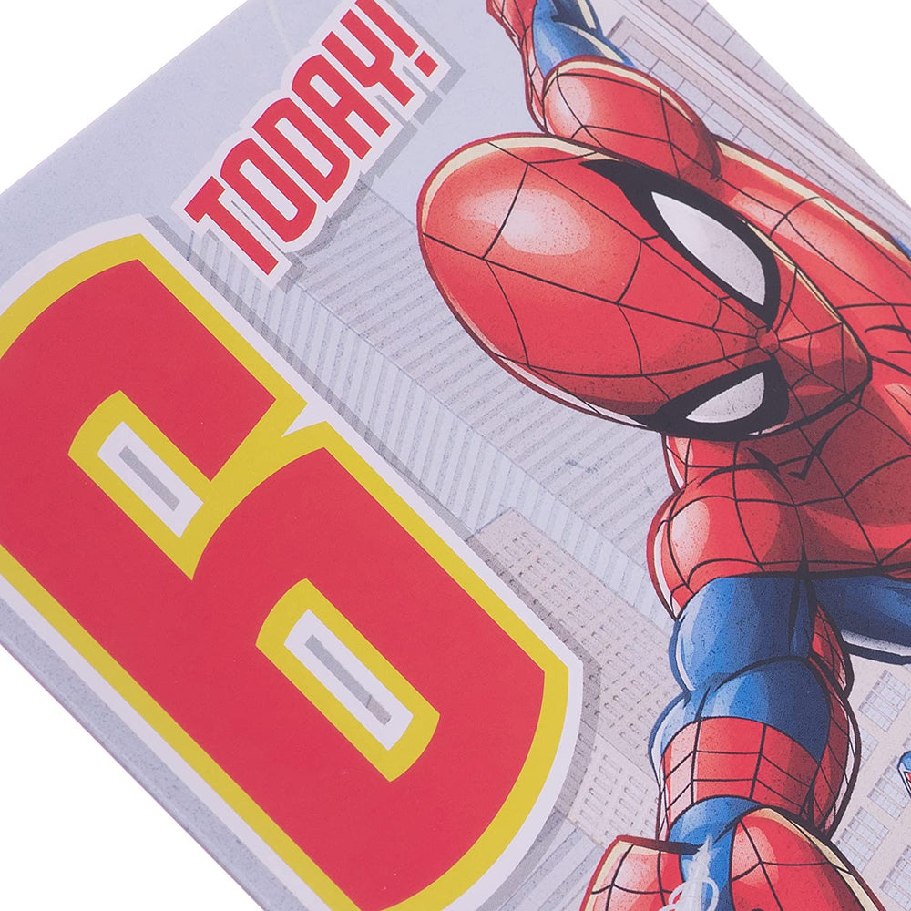 Hallmark Marvel Spider-Man 6th birthday greeting card featuring Spider-Man in a dynamic pose with colorful comic-style background.