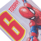 Hallmark Marvel Spider-Man 6th birthday greeting card featuring Spider-Man in a dynamic pose with colorful comic-style background.