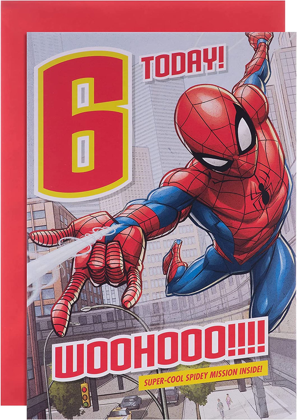 Hallmark Marvel Spider-Man 6th birthday greeting card featuring Spider-Man in a celebratory pose with colorful design elements