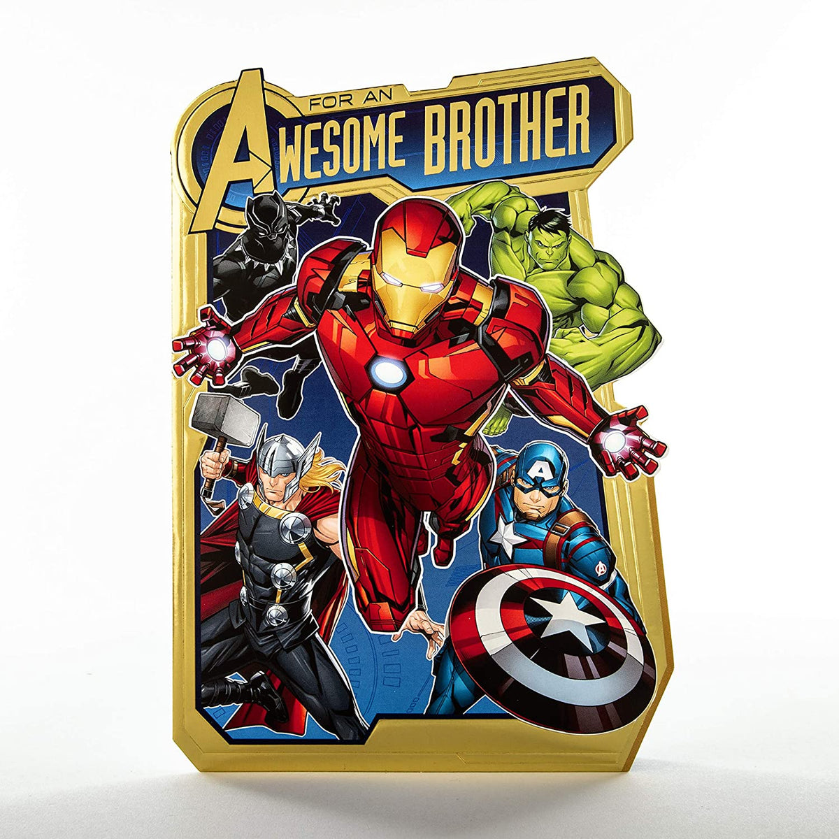 Hallmark Marvel Avengers pop-out birthday card featuring superhero characters for brothers, with colorful comic-style design.