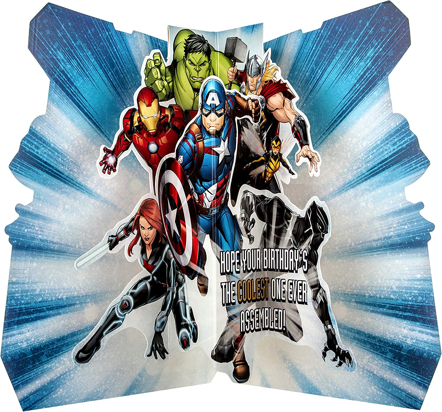 Hallmark Marvel Avengers pop-out birthday card featuring Avengers characters and a superhero-themed design.