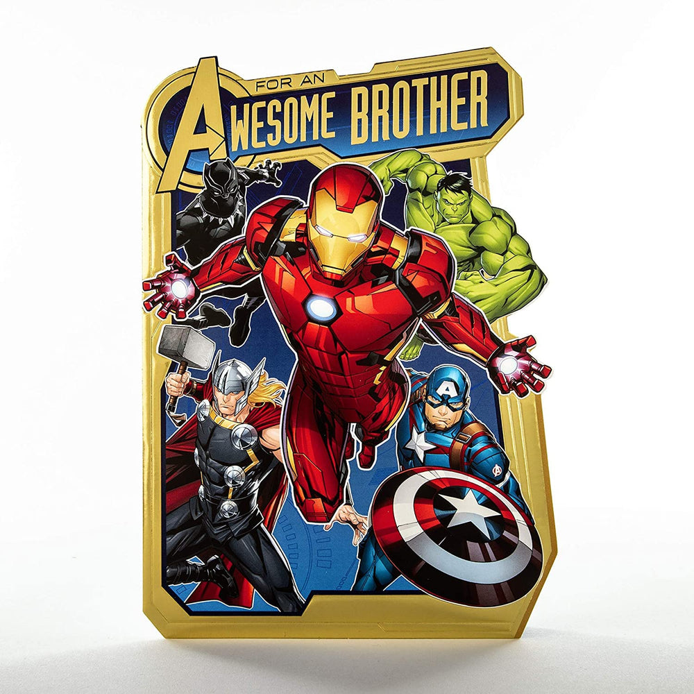 Hallmark Marvel Avengers pop-out birthday card featuring Marvel superhero characters and vibrant comic-style artwork.