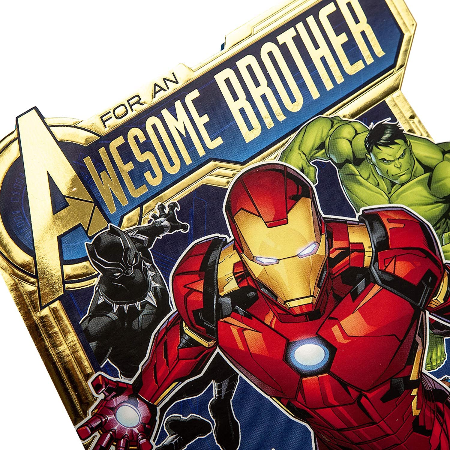 Hallmark Marvel Avengers birthday card with pop-out design featuring Avengers characters, designed for brothers' birthday greetings.