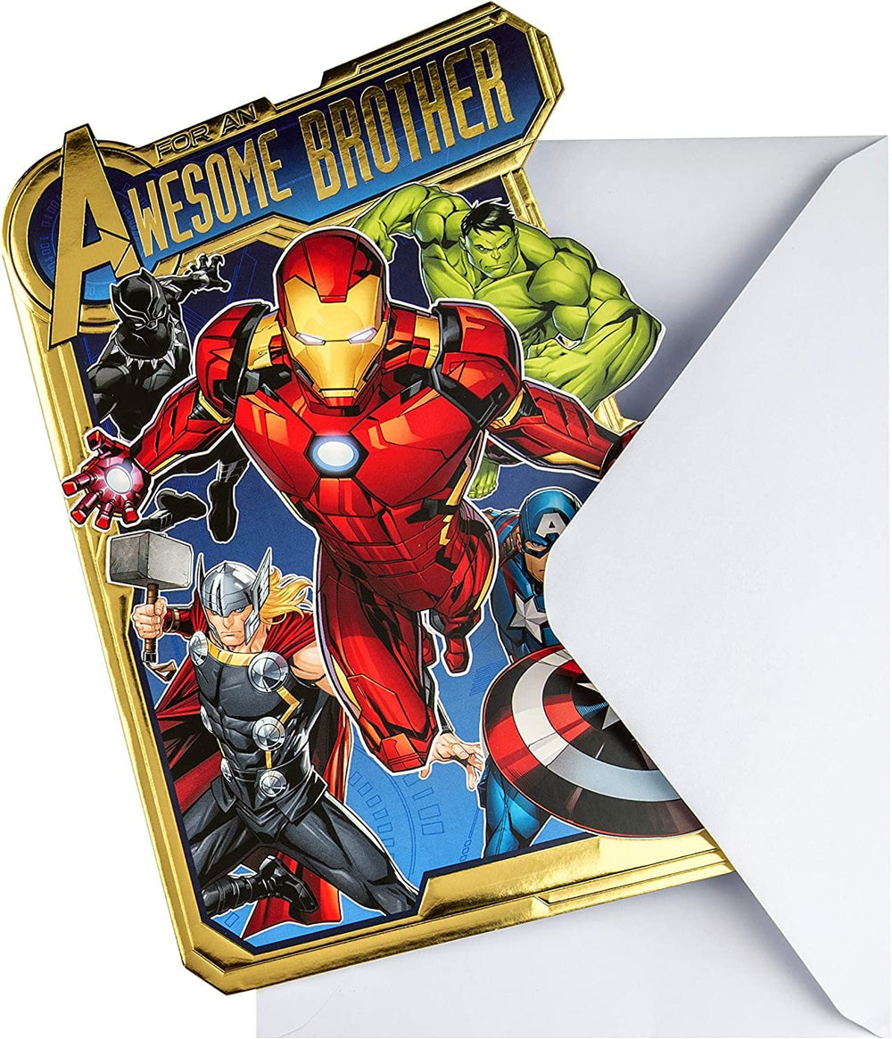 Hallmark Marvel Avengers pop-out birthday card featuring superhero characters and vibrant design for a brother's special day.