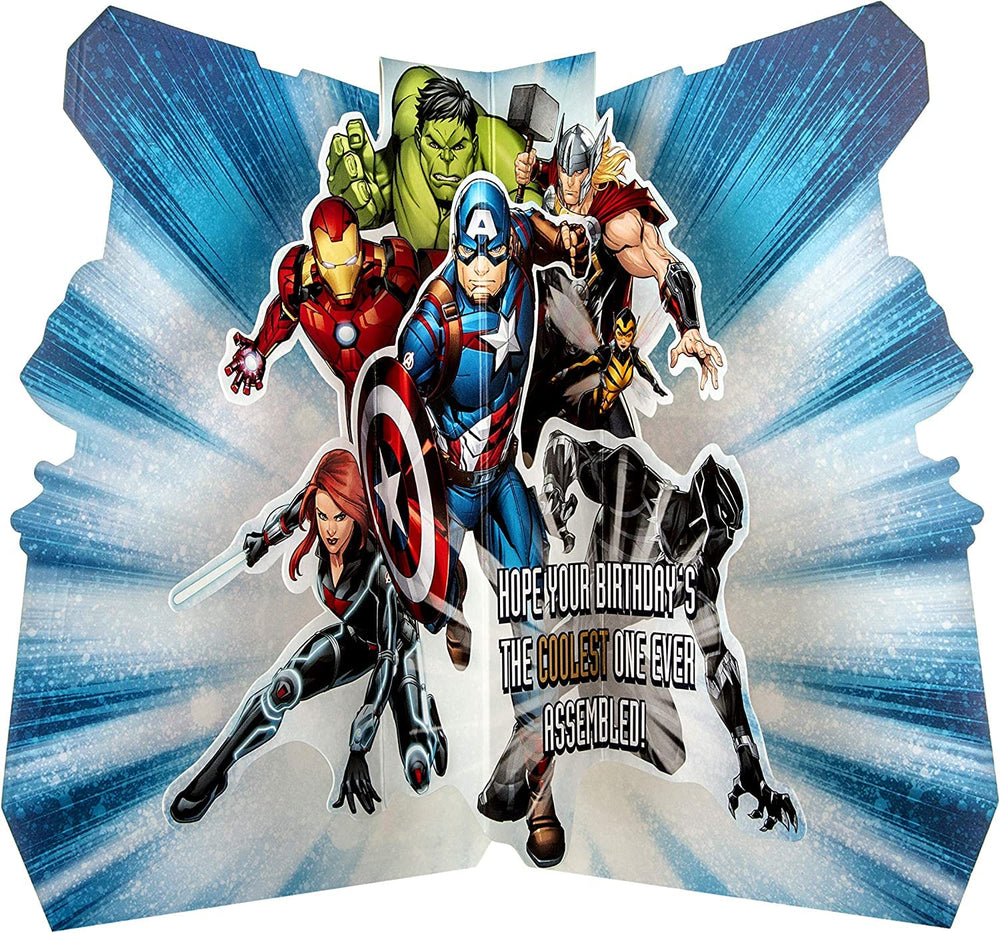 Hallmark Marvel Avengers pop-out birthday card featuring Avengers characters for brother's celebration, with colorful superhero design.