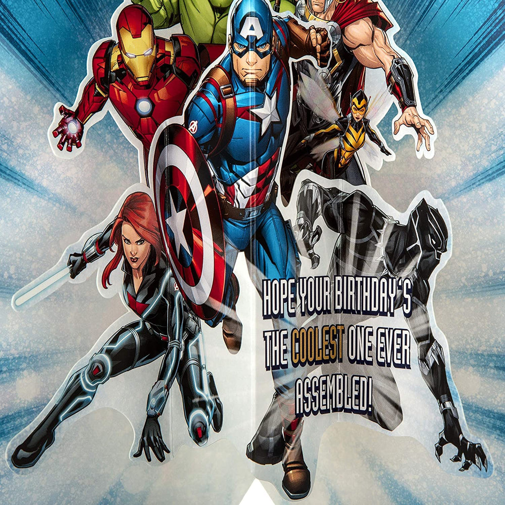 Hallmark Marvel Avengers pop-out birthday card featuring Marvel superhero characters and vibrant comic-style artwork.