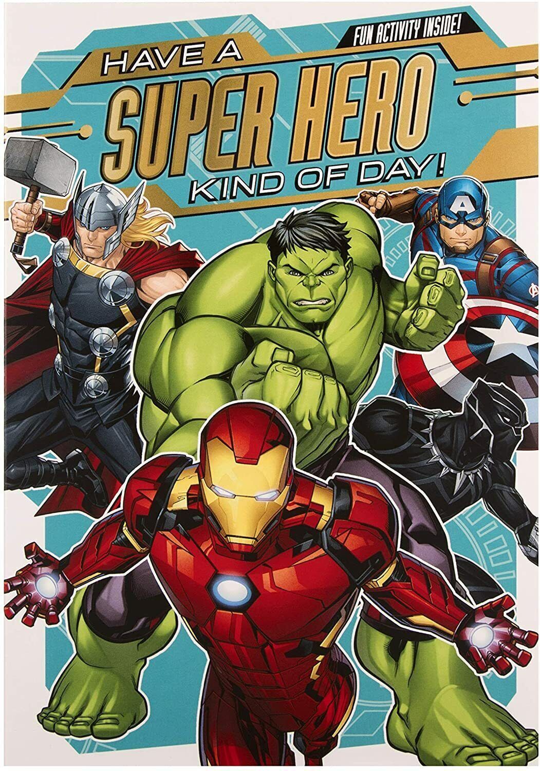 Hallmark Marvel Avengers greeting card featuring superhero characters in a colorful, comic-style design for a fun, superhero-themed message.