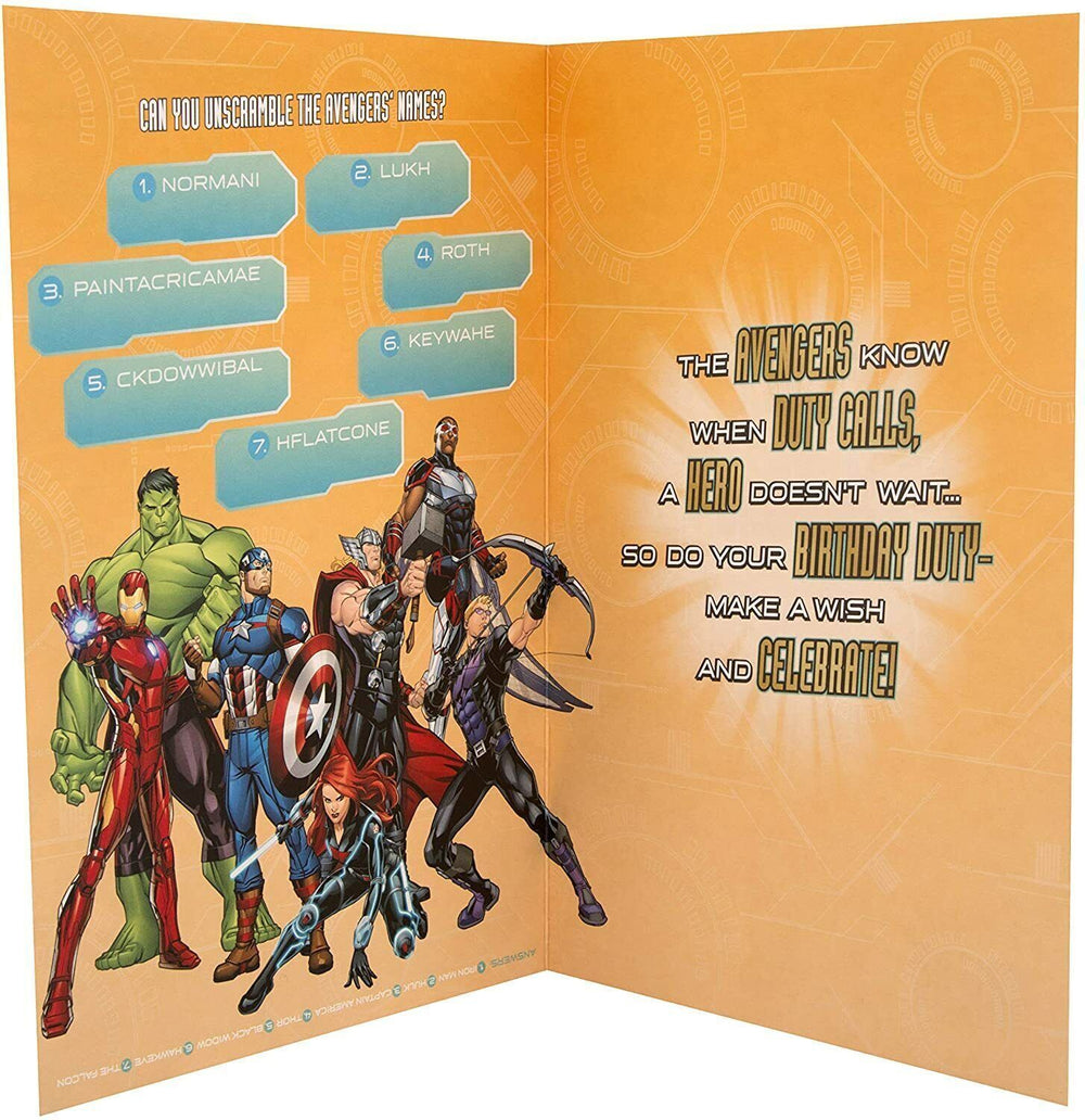 Hallmark Marvel Avengers greeting card featuring superhero characters with colorful, comic-style design for special occasions.