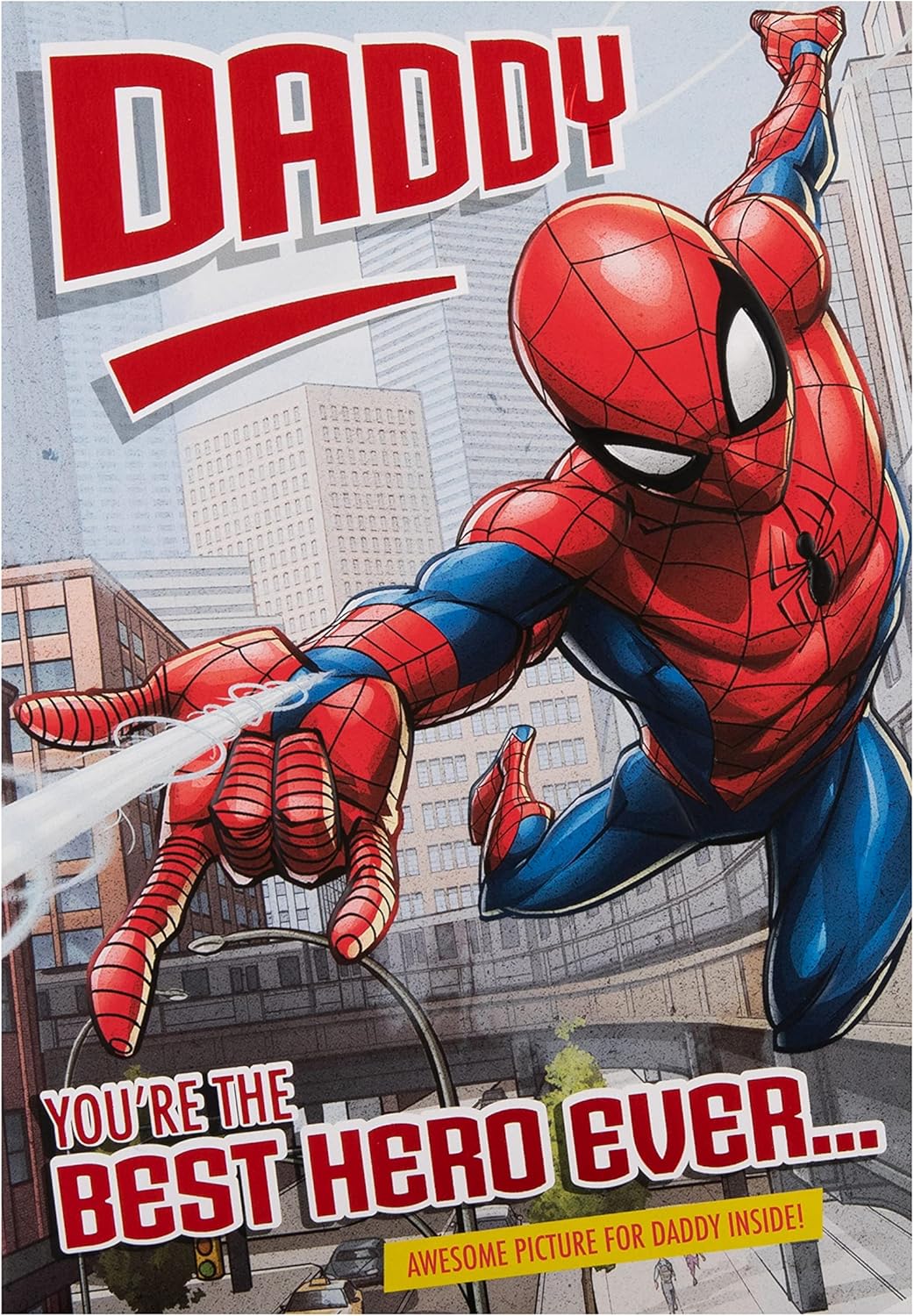 Hallmark Marvel Spider-Man Daddy birthday greeting card featuring Spider-Man illustration and festive design.