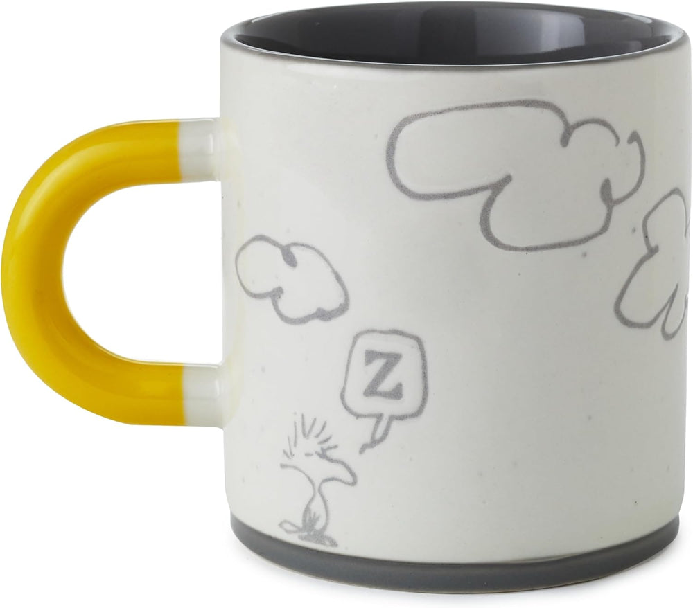 Gray ceramic mug featuring Snoopy and Woodstock design with a yellow handle, 440ml capacity, by Hallmark.
