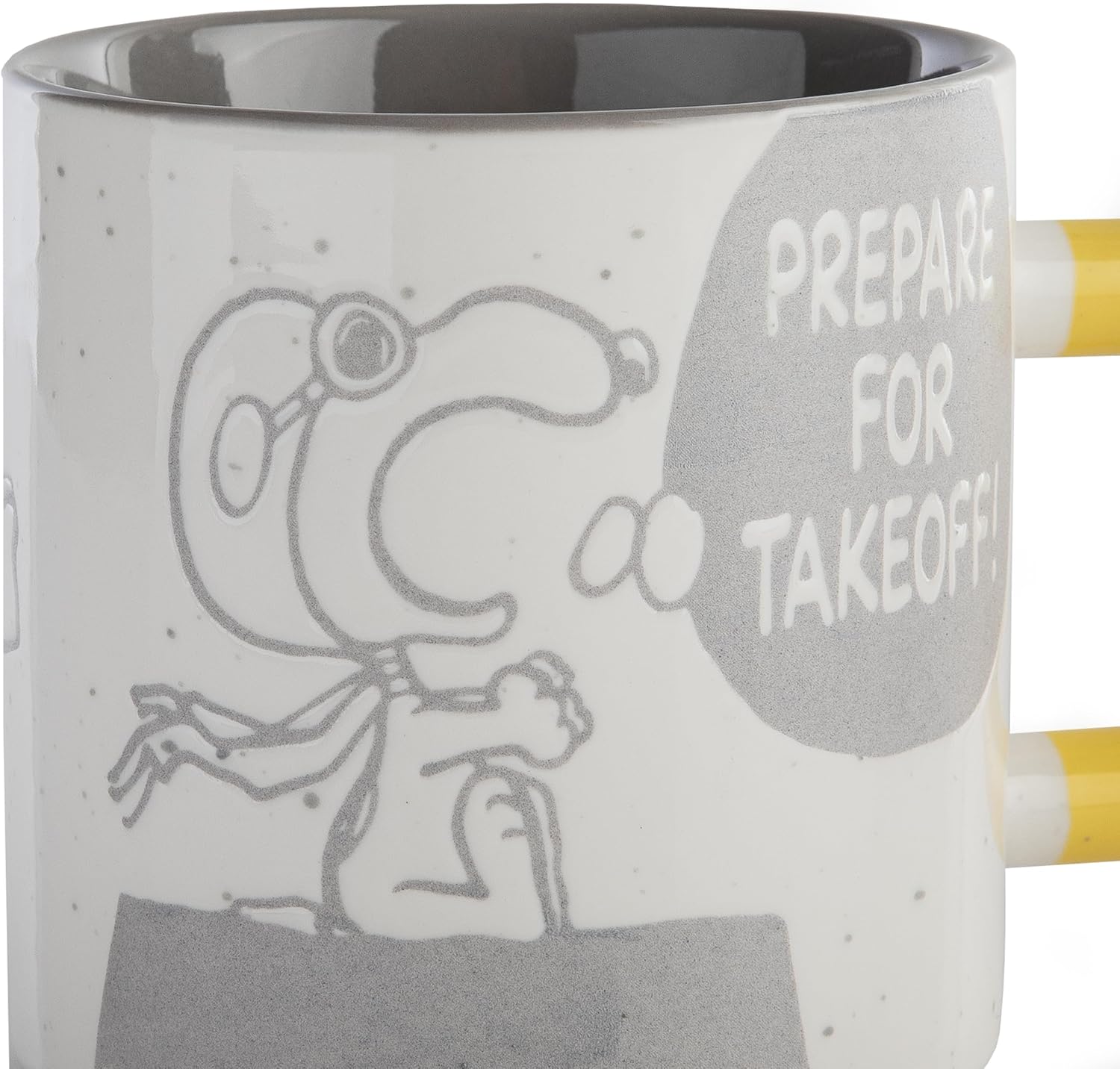 Hallmark Snoopy and Woodstock ceramic mug in grey with yellow handle, 440ml drinkware featuring Snoopy and Woodstock design.