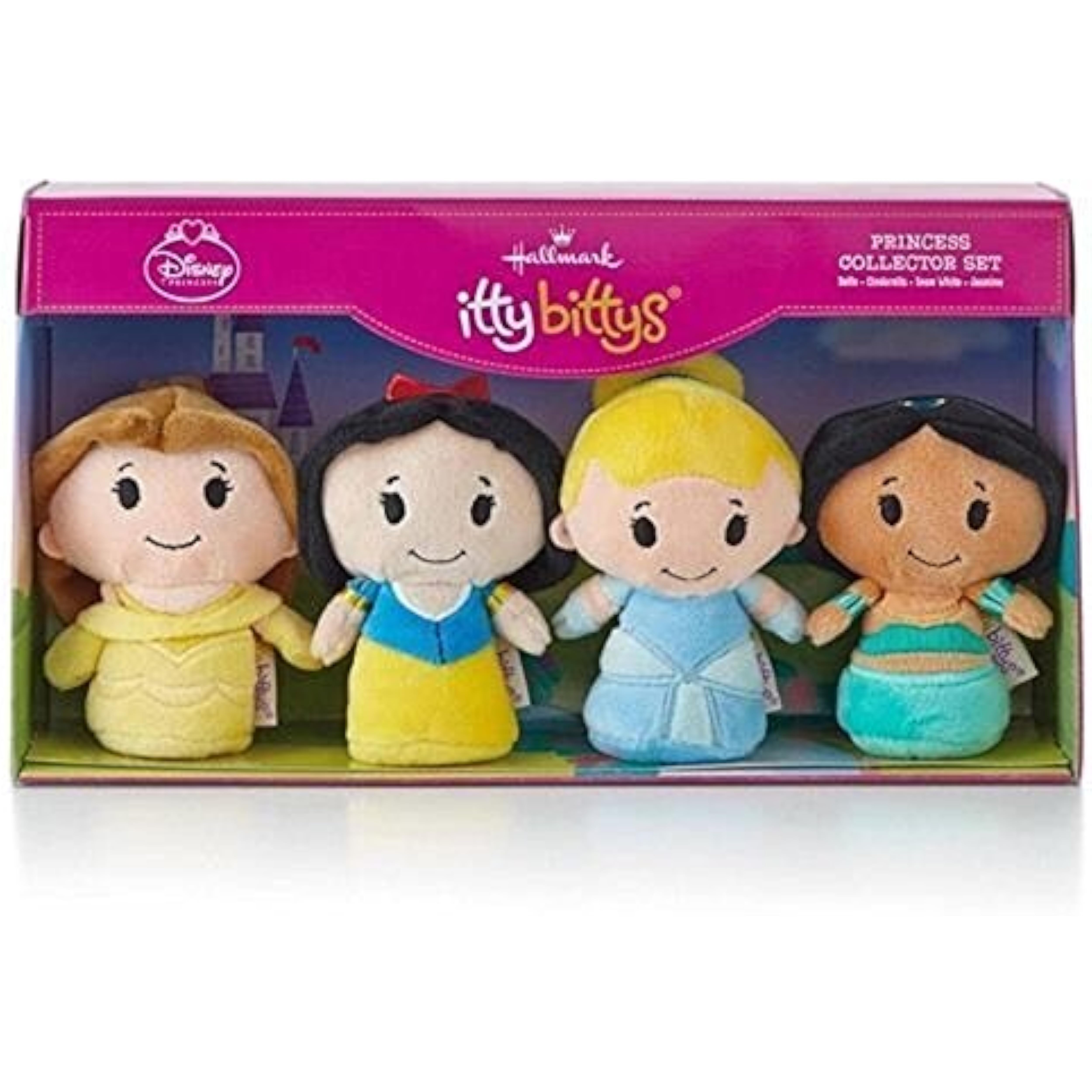 Hallmark Itty Bittys Disney Princess plush toy collector set featuring Belle, Cinderella, Snow White, and Jasmine in limited edition.