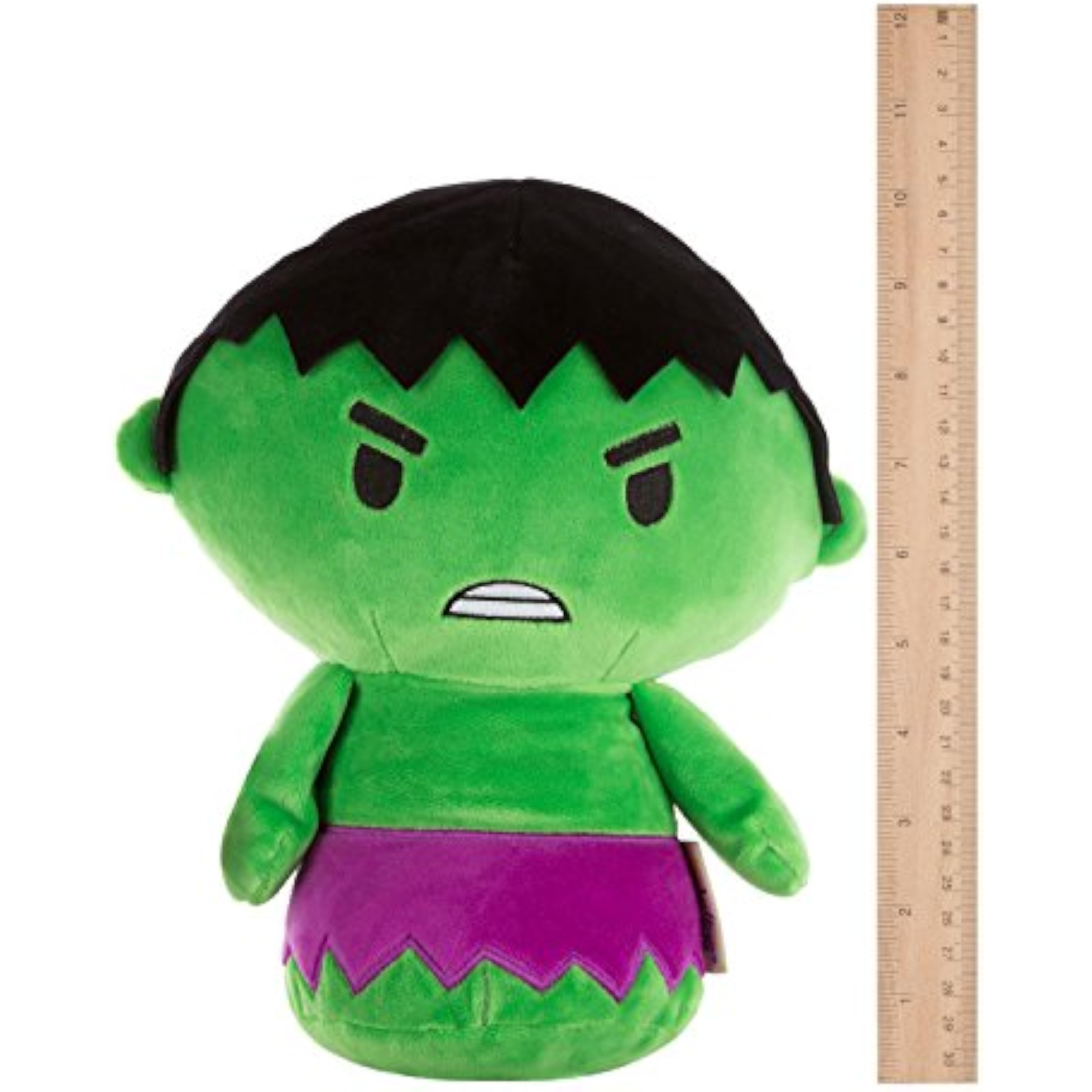 Hallmark Marvel Hulk Itty Biggy soft toy showing Hulk's green plush body and smiling face, ideal for Marvel fans and kids.