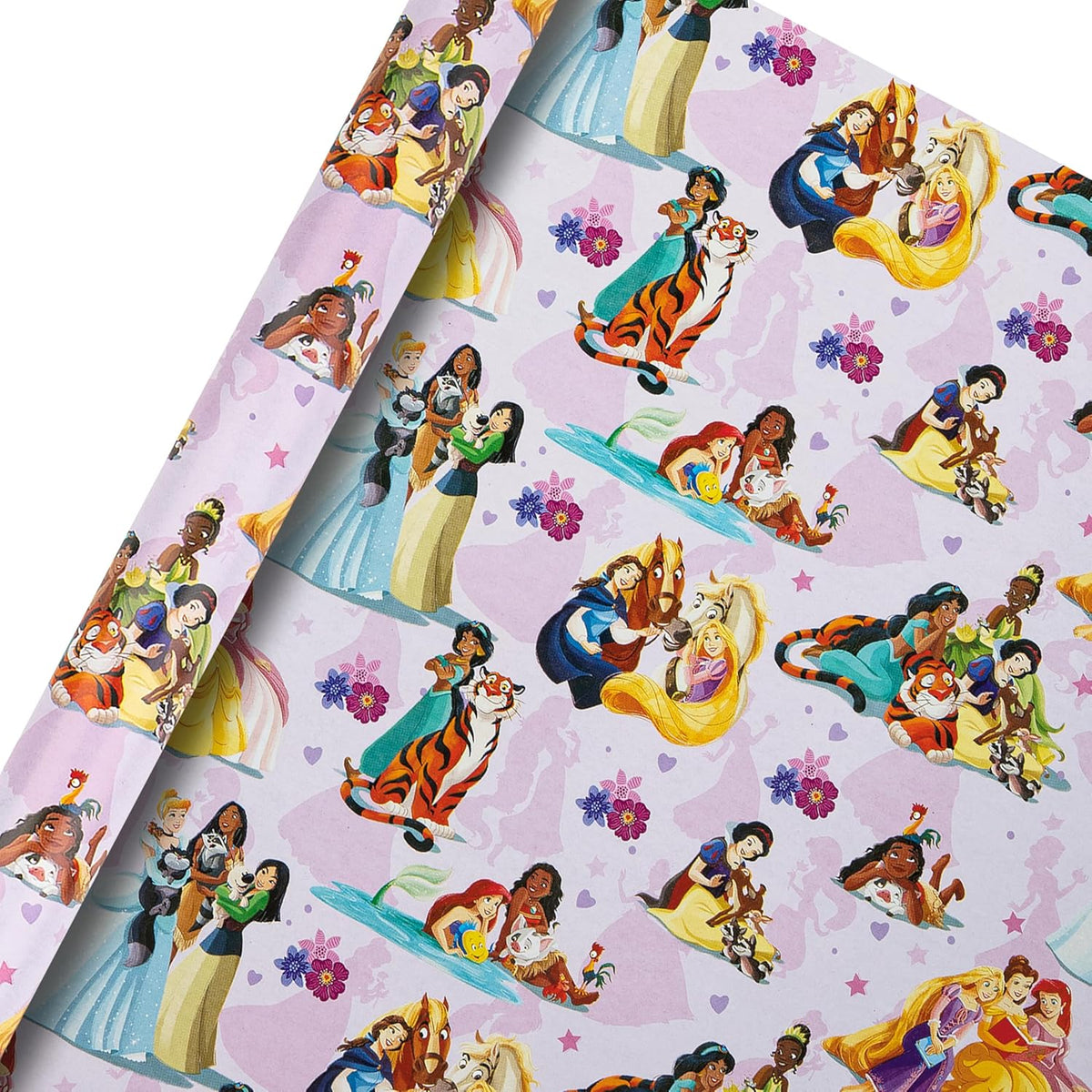 Hallmark Disney Princesses and pets design gift wrap roll, 2 meters of colorful stationery wrapping paper with princess and pet illustrations.