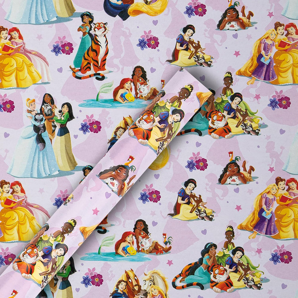 Hallmark Disney Princesses and pets design gift wrap roll, 2 meters, featuring colorful princess and animal illustrations.