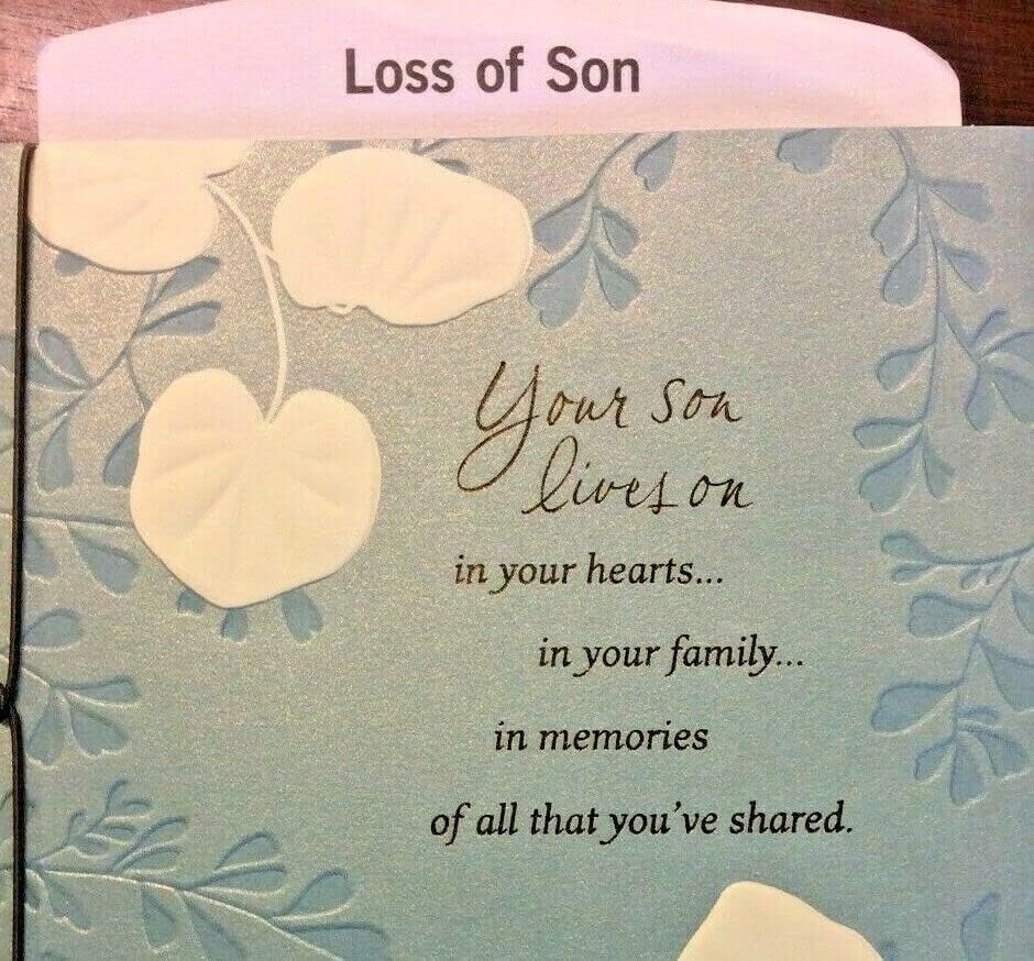 Hallmark sympathy greeting card for the loss of a son featuring foil finish feathers and heartfelt message.