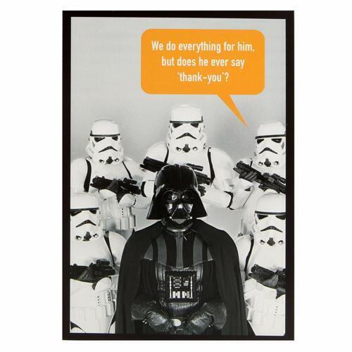 Hallmark Star Wars thank you greeting card with Darth Vader and Stormtrooper design, featuring the message "Does He Ever Say Thank You?"