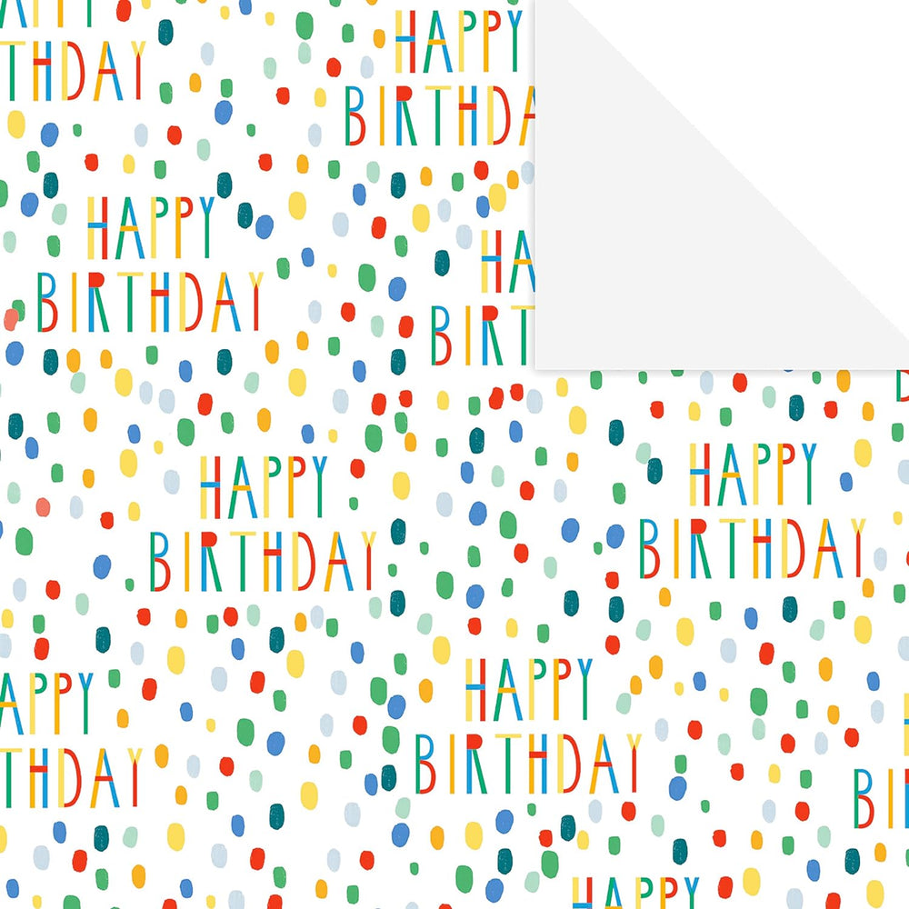 Hallmark birthday wrapping paper set with two sheets and two decorative tags, featuring colorful festive designs.