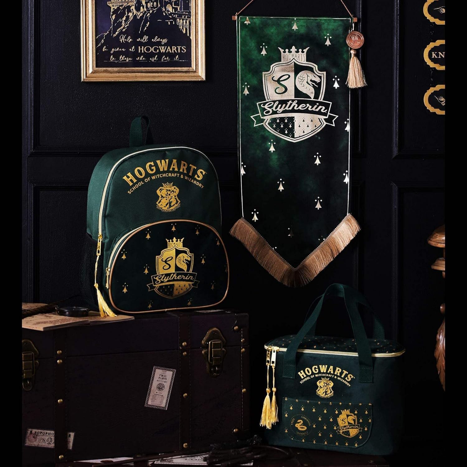 Harry Potter Slytherin alumni lunch cooler bag featuring green and silver Slytherin crest and Harry Potter branding.