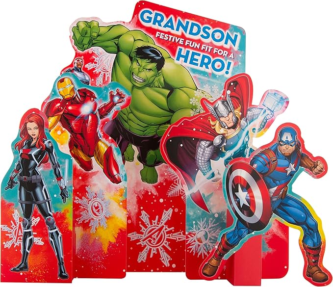 Grandson Christmas Greeting Card Marvel Avengers 3D Pop Up Design with Festive Fun