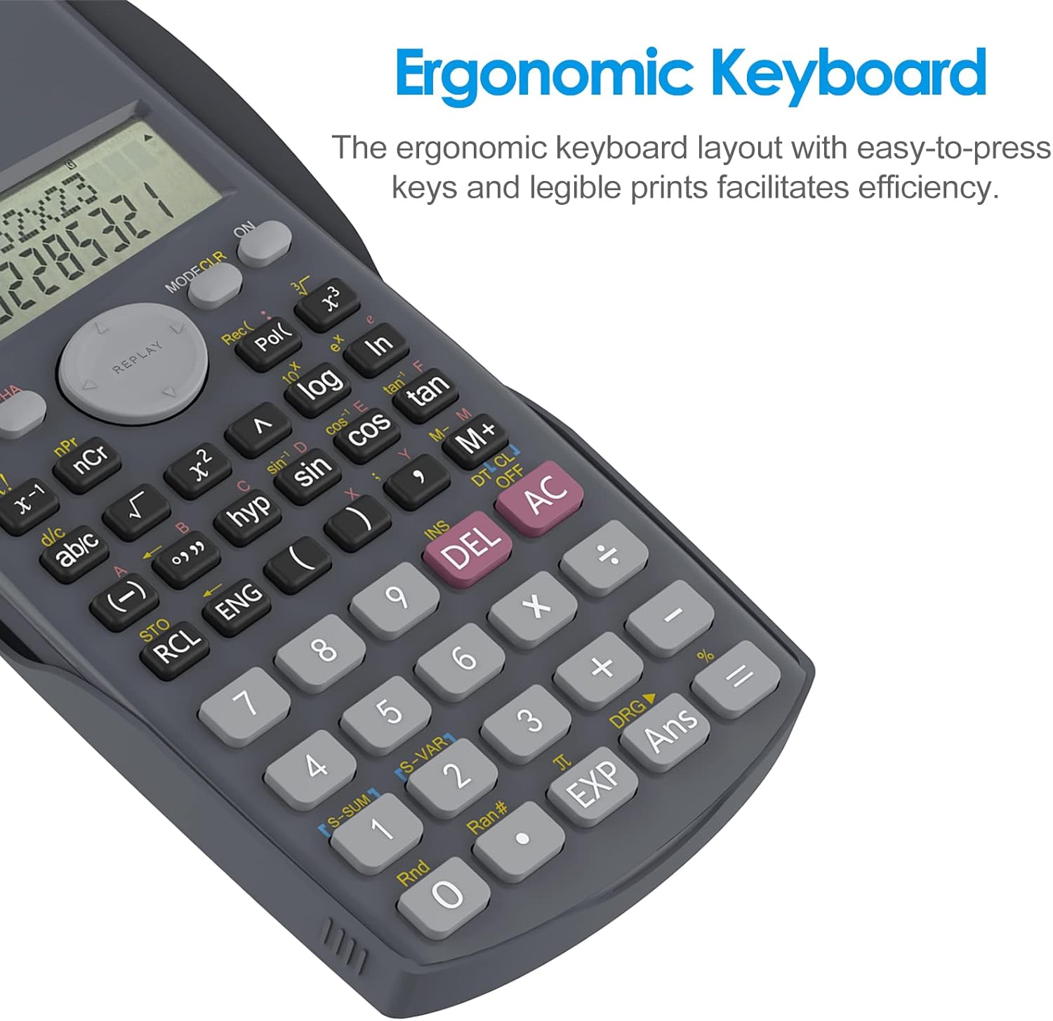 Black Helect 2-Line Engineering Scientific Calculator with display showing calculations, suitable for school and business use