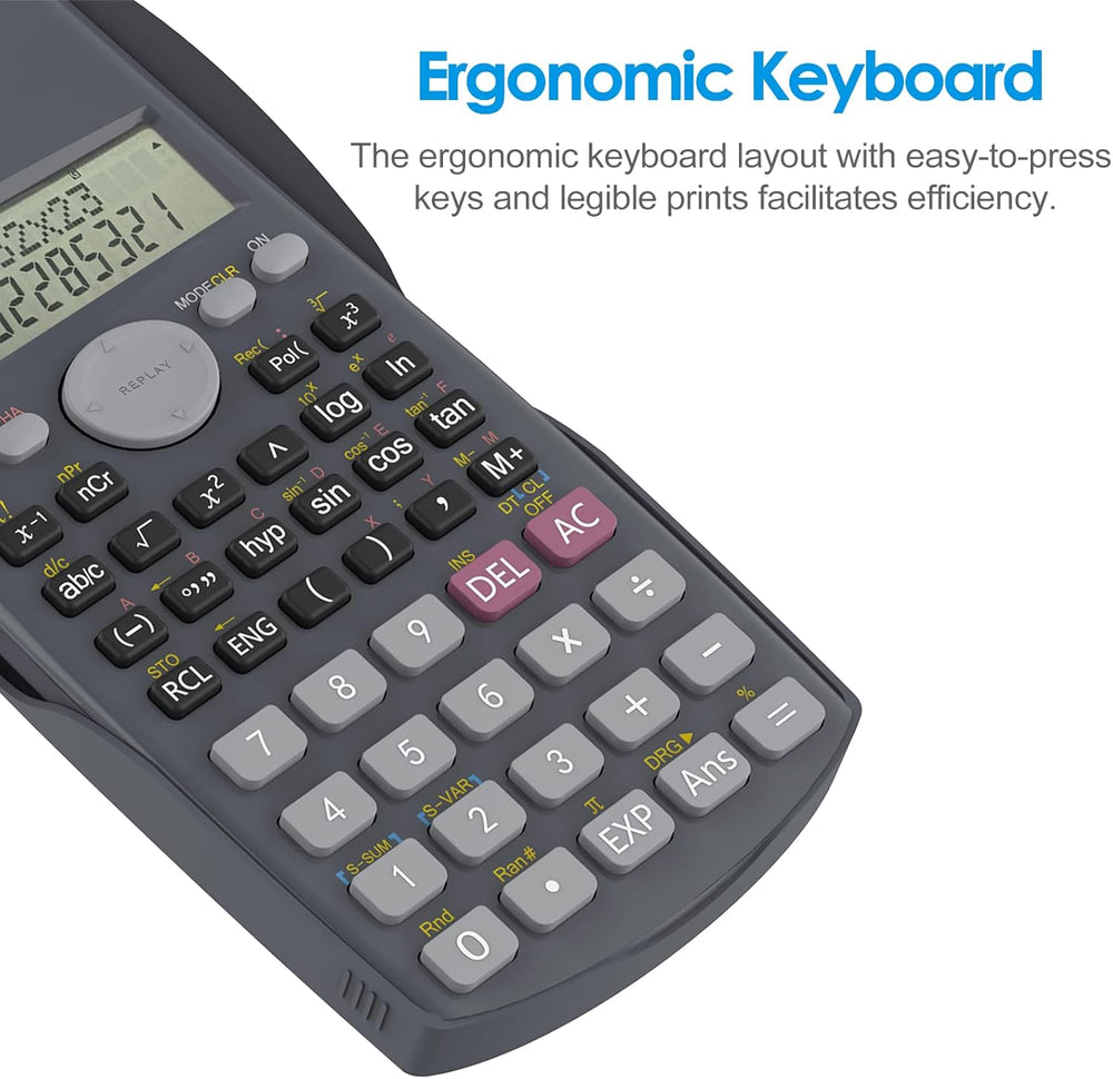 Black Helect 2-Line Engineering Scientific Calculator with display showing calculations, suitable for school and business use