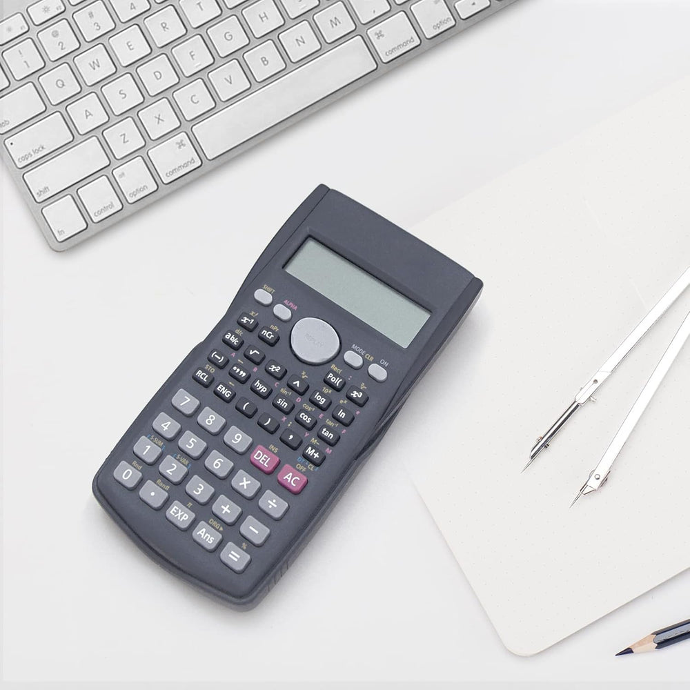 Helect 2-line engineering scientific calculator in black, suitable for school and business use, with multiple function keys.