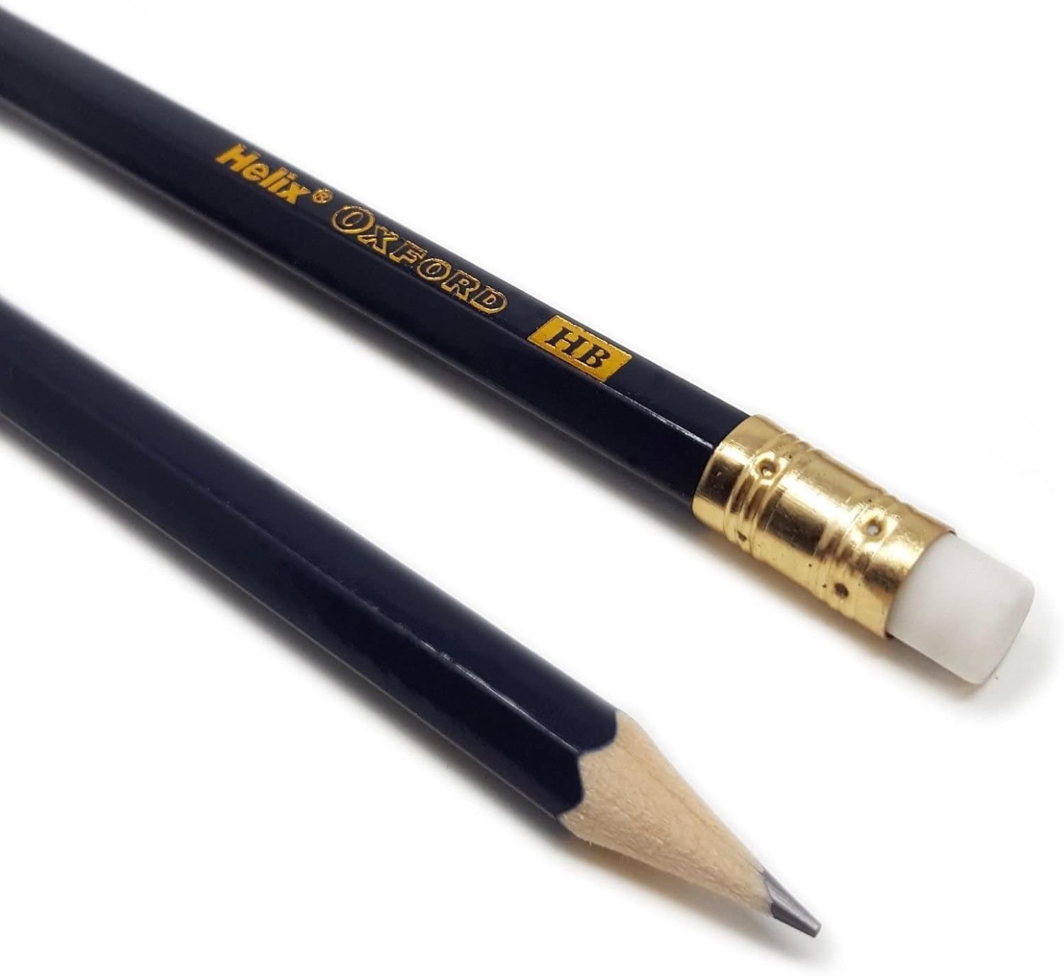 Set of 12 Helix Oxford HB pencils with yellow paint and erasers, ideal for writing and drawing.