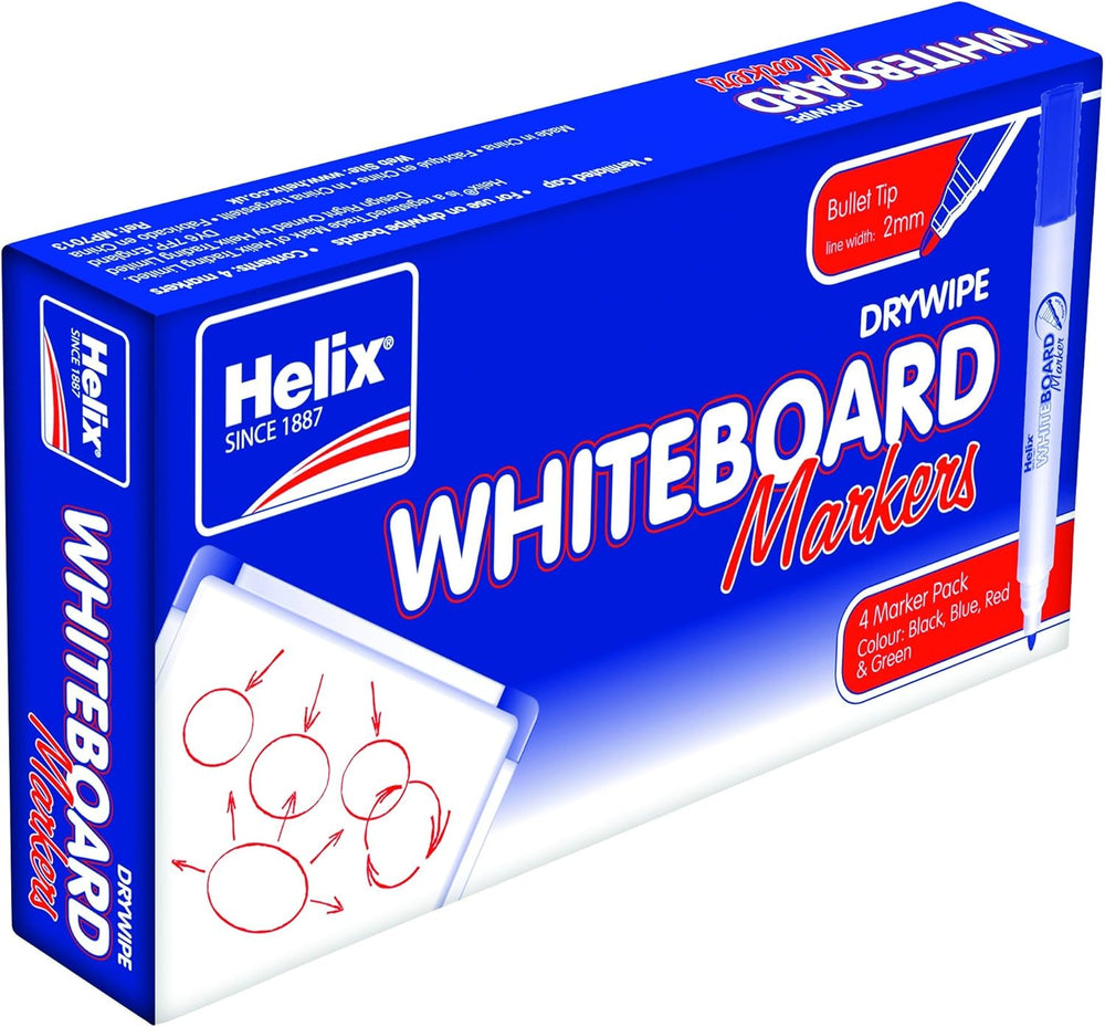 Set of four Helix whiteboard marker pens with bullet tips in assorted colors, ideal for writing and drawing on whiteboards.