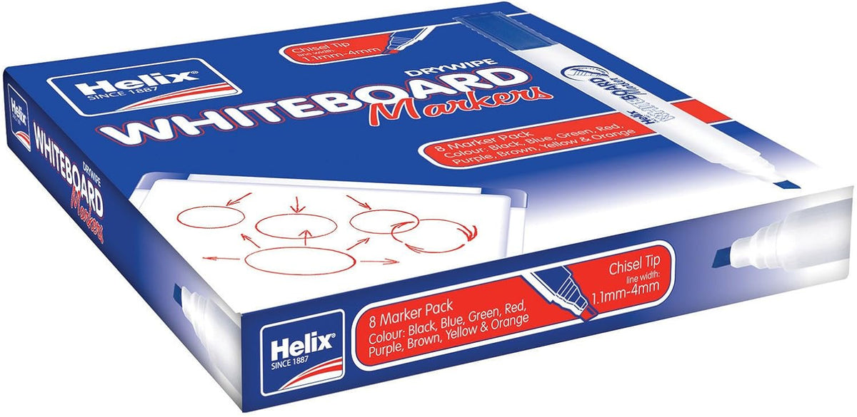 Set of 8 Helix whiteboard markers with chisel tips in assorted colors, ideal for writing and drawing on whiteboards.