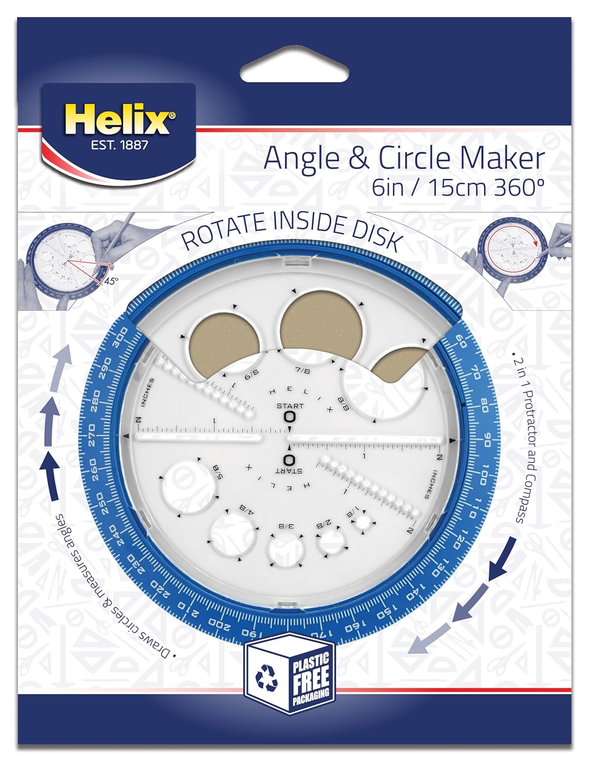 Helix Maped angle and circle maker template with assorted designs for math and geometry drawing and measurement.