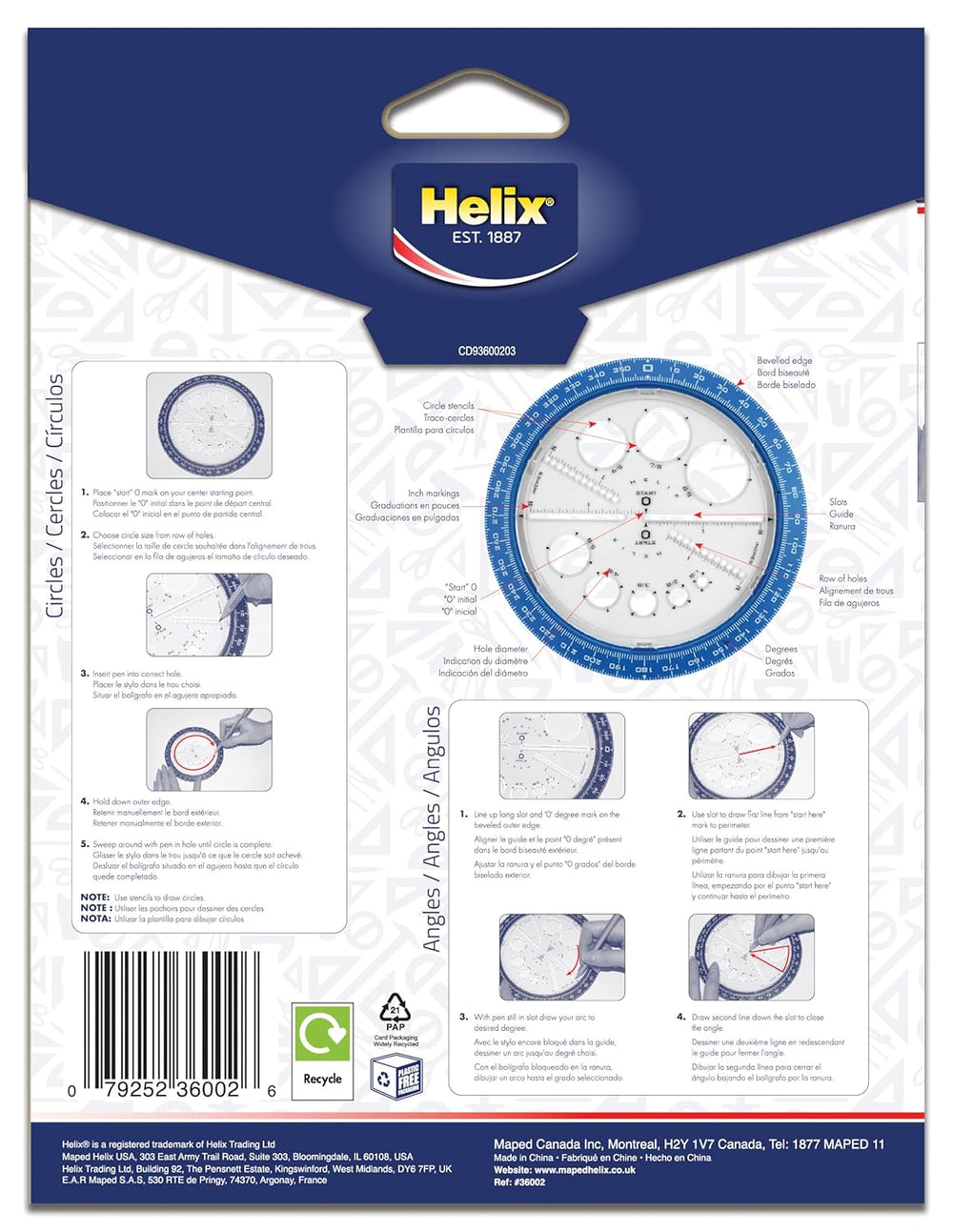 Helix Maped angle and circle maker template with assorted designs, used for precise math drawing and geometric constructions.