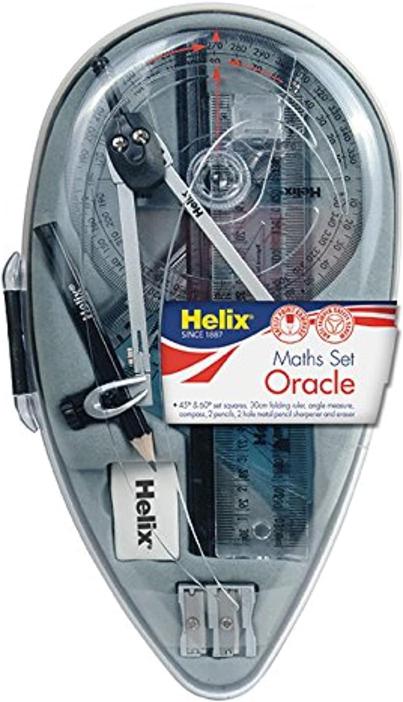 Helix Compact Essential Oracle Maths Set with various math tools and accessories for learning and practicing math concepts.