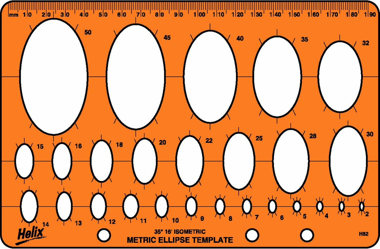Helix Metric Ellipse Template for math sets, showing a clear plastic template with various ellipse shapes and measurement markings.