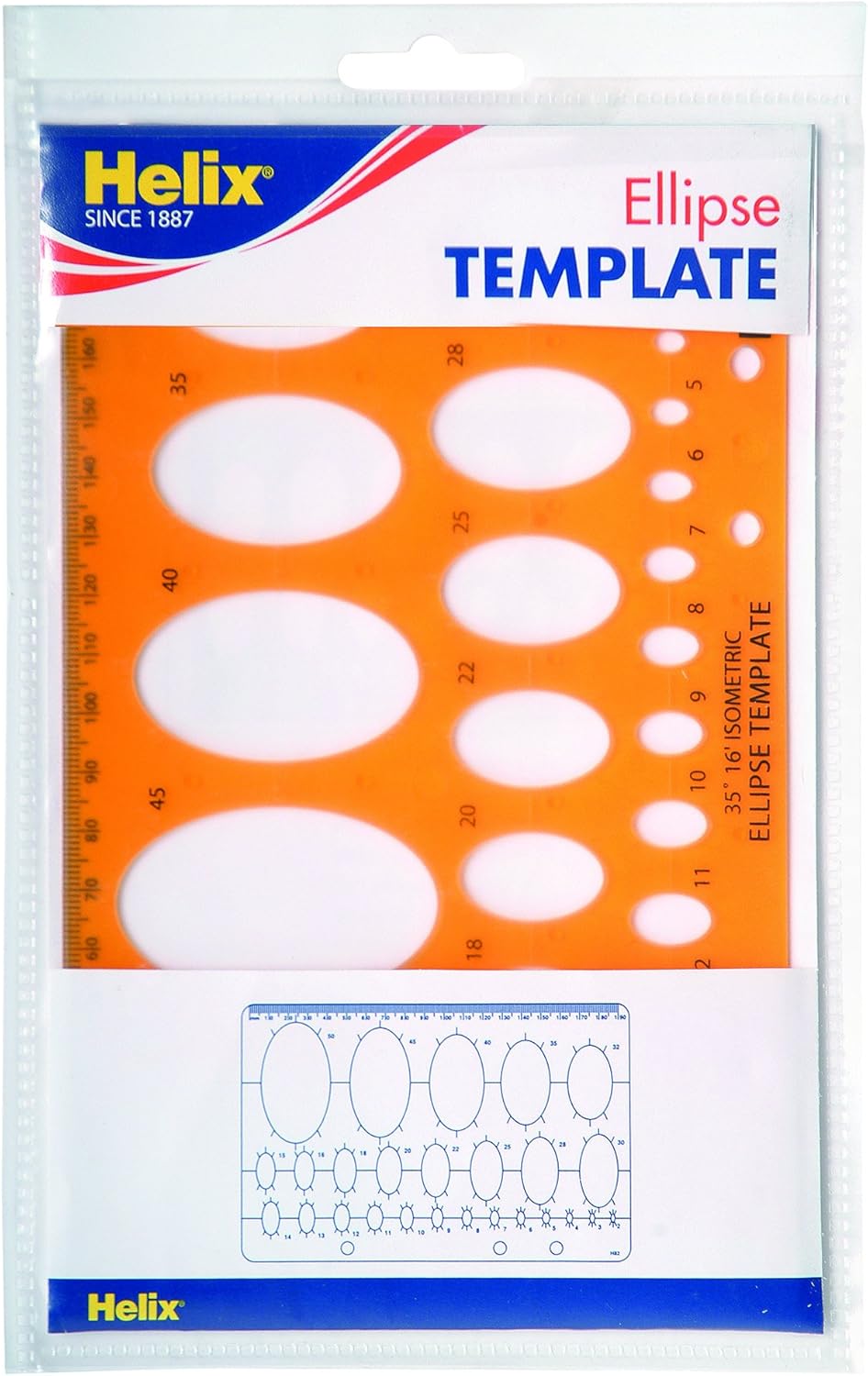 Helix Metric Ellipse Template for math sets, showing clear ellipse shapes and measurement markings for geometric drawing.