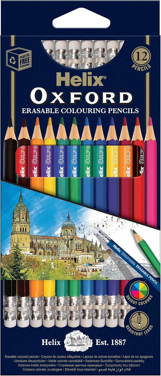 Set of 12 Helix Erasable Colouring Pencils with vibrant colors and easy erase feature, ideal for creative art projects.