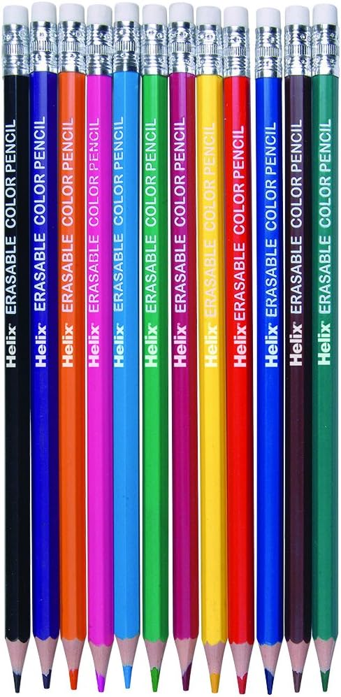 Set of 12 Helix Erasable Colouring Pencils with vibrant hues, ideal for detailed coloring and easy erasing.