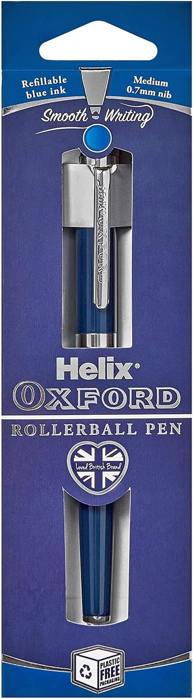Helix Oxford Premium Rollerball Pen with blue ink, featuring a sleek design and plastic-free packaging.