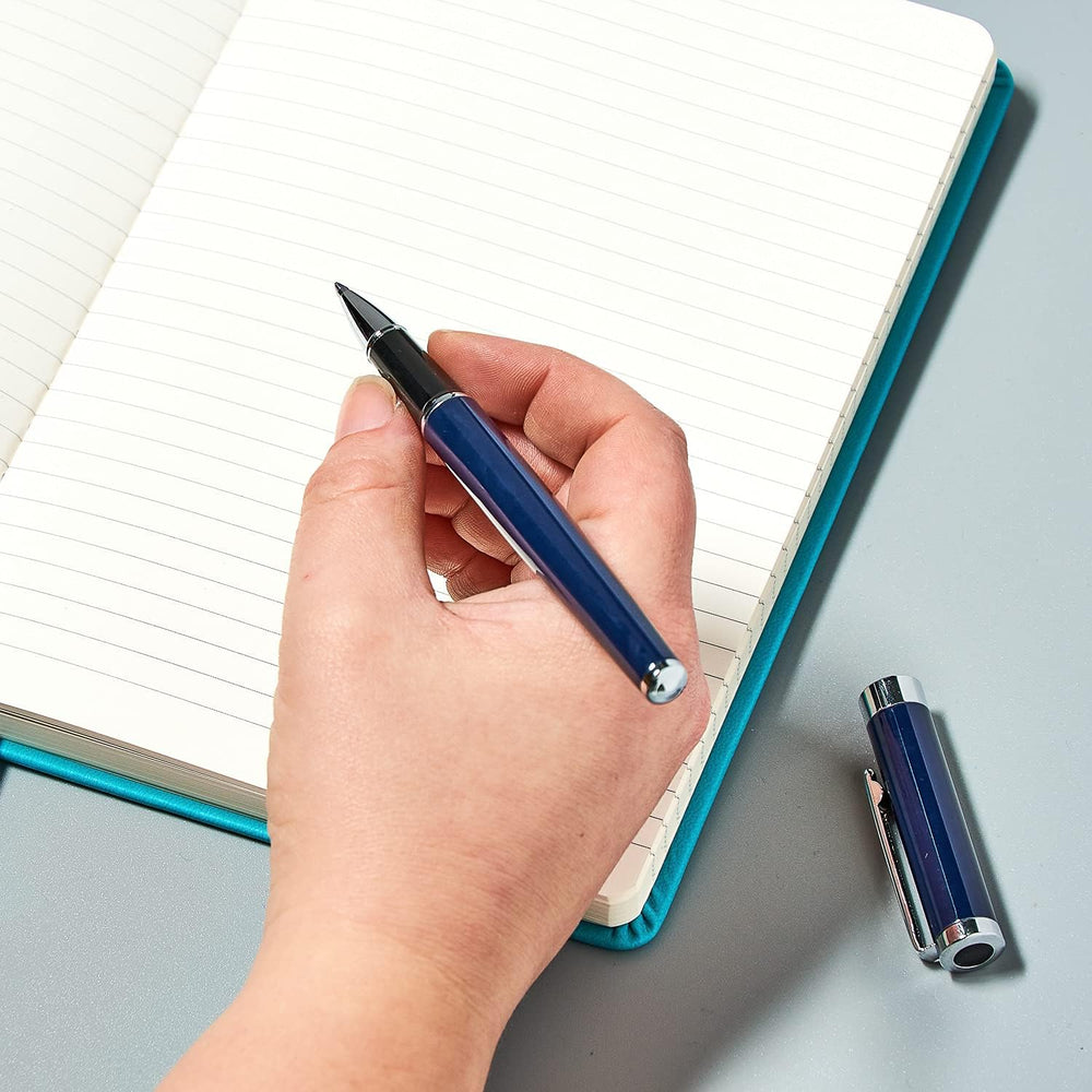 Helix Oxford Premium Rollerball Pen with blue ink, shown in plastic-free packaging, featuring a sleek pen design.