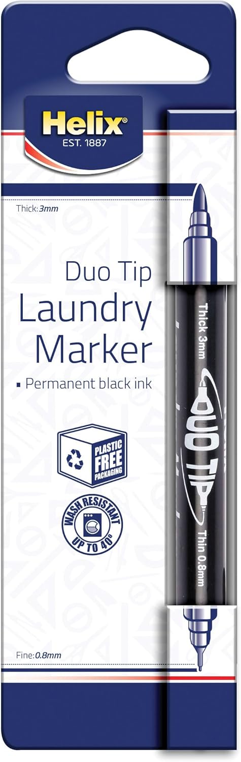 Helix black dual-tip fabric and laundry marker with fine and broad tips for marking clothes and fabric items.