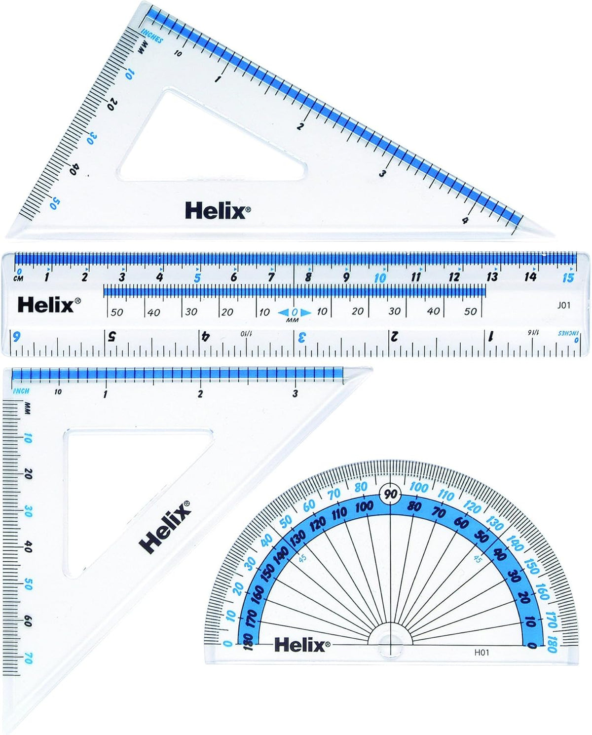 Helix 15 cm 4-piece geometry set of math tools with rulers, compasses, and protractor for math and geometry studies.