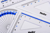 Helix 15 cm 4-piece geometry set with rulers, compasses, and protractor for math and geometry tasks.