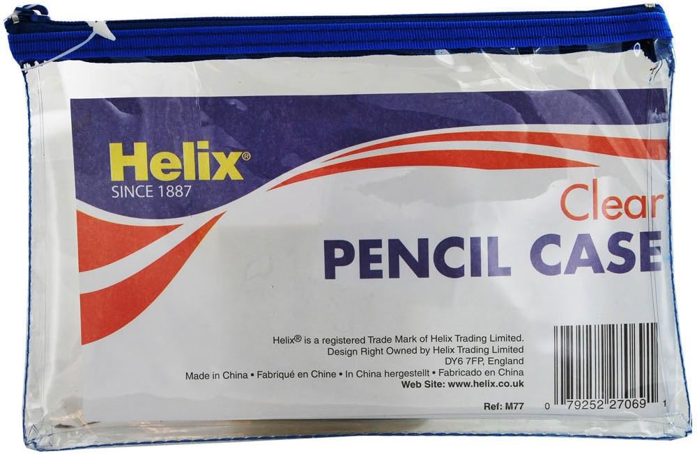 Helix clear pencil case with zip, 125mm x 200mm, in assorted colors, ideal for stationery storage and organization.