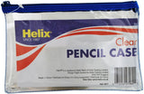 Helix clear pencil case with zip, 125mm x 200mm, in assorted colors, ideal for stationery storage and organization.